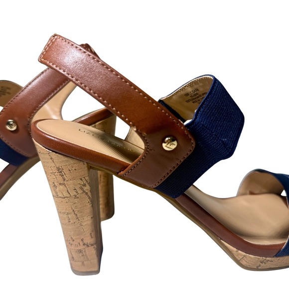 Liz Claiborne Jean Stiletto Sandals Cork Heel Platform Navy Brown Size 10 Medium - Picture 9 of 10